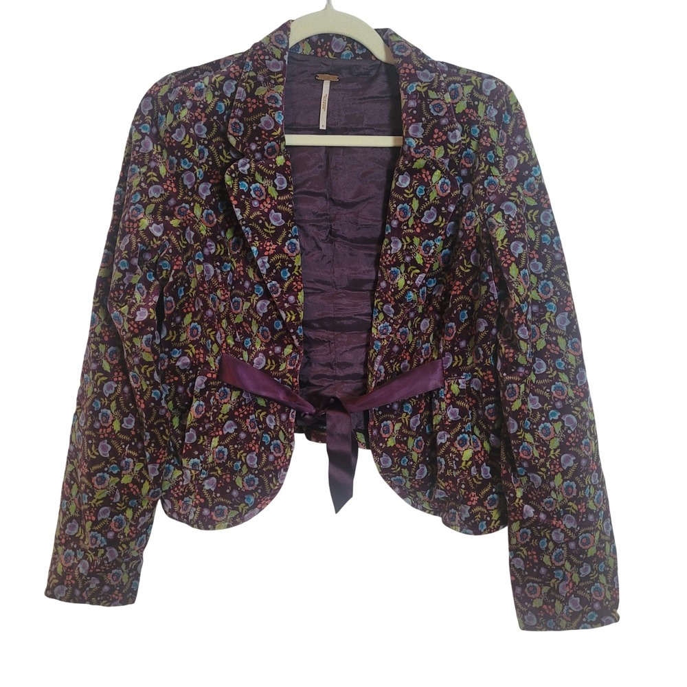Free People Purple‎ Floral Velvet Blazer Jacket Ribbon Tie Size 8 Cropped Boho